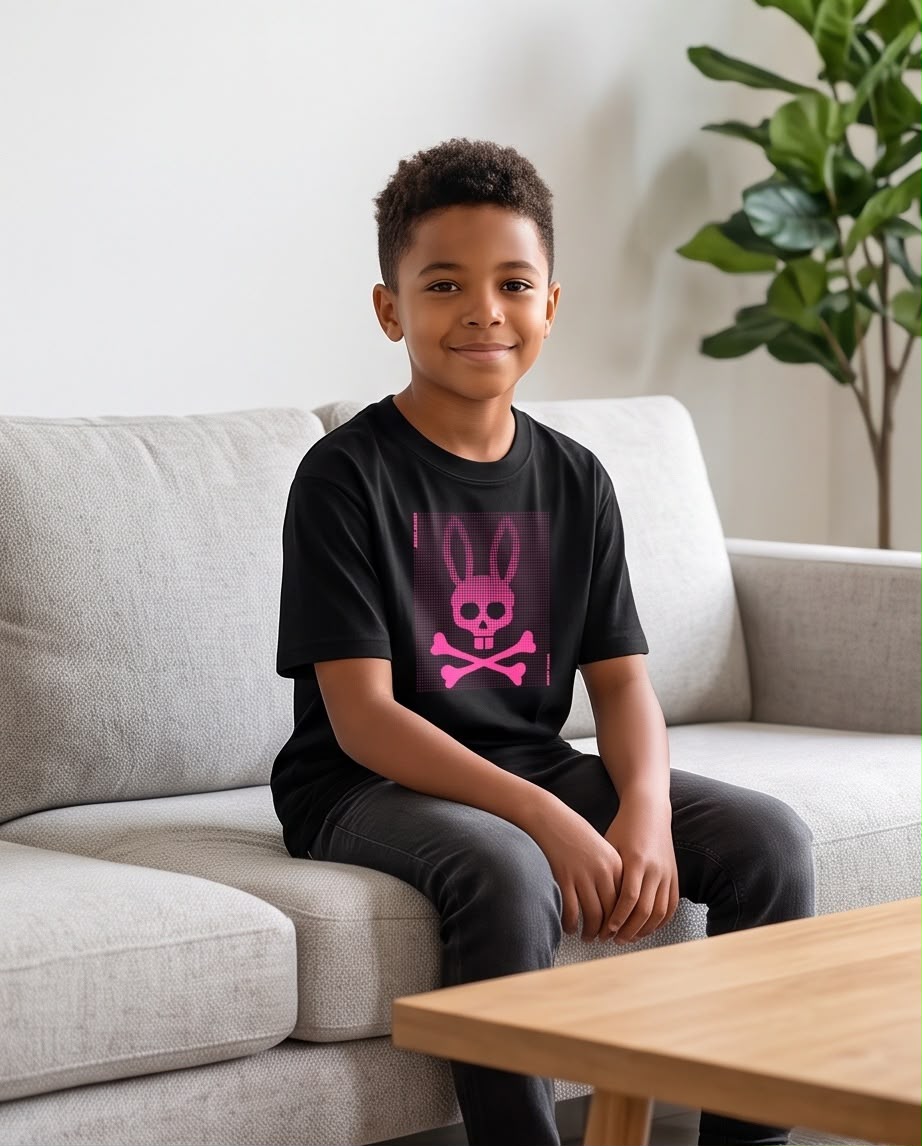Camiseta Niño Psycho Bunny Calavera Fucsia Efecto Puntos Negra Semi Oversize