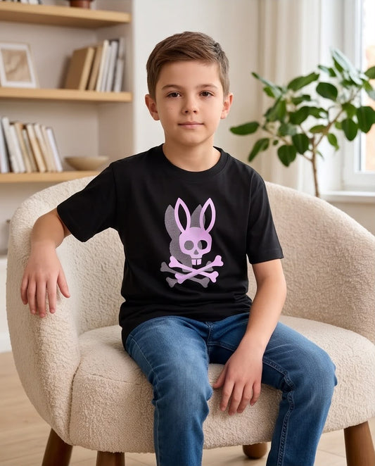 Camiseta Niño Psycho Bunny Calavera Lila Sombra Punteada Negra Semi Oversize