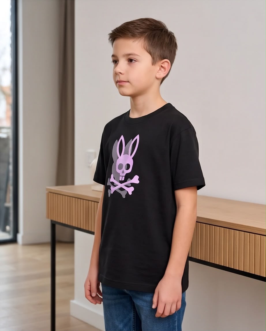 Camiseta Niño Psycho Bunny Calavera Lila Sombra Punteada Negra Semi Oversize