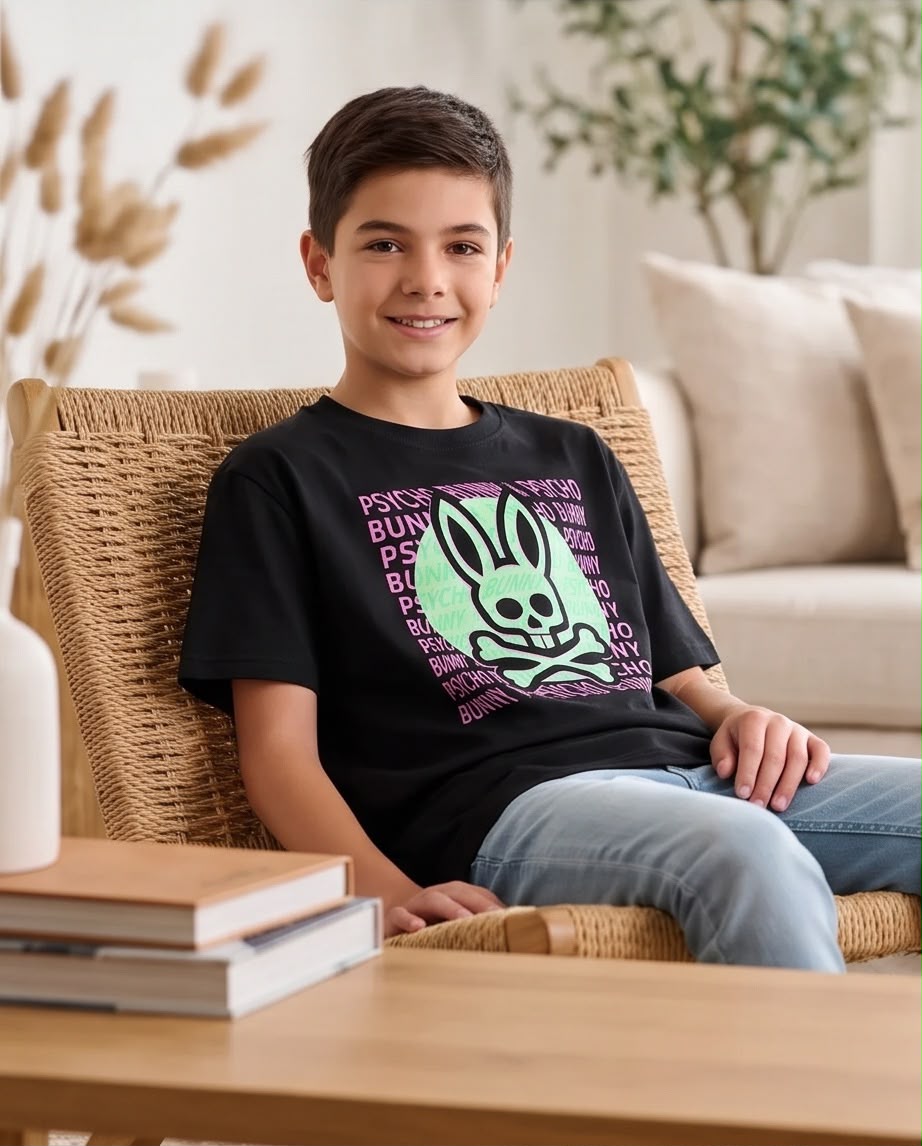 Camiseta Niño Psycho Bunny Calavera Verde Menta Letras Rosas Negra Semi Oversize
