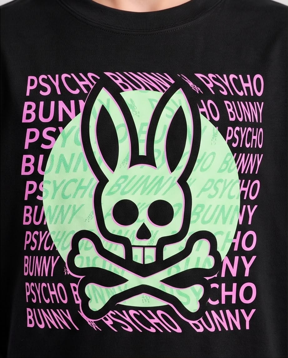 Camiseta Niño Psycho Bunny Calavera Verde Menta Letras Rosas Negra Semi Oversize