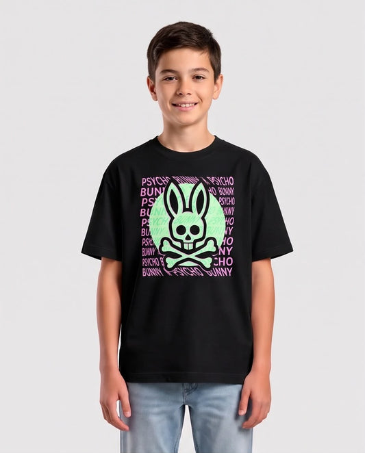 Camiseta Niño Psycho Bunny Calavera Verde Menta Letras Rosas Negra Semi Oversize