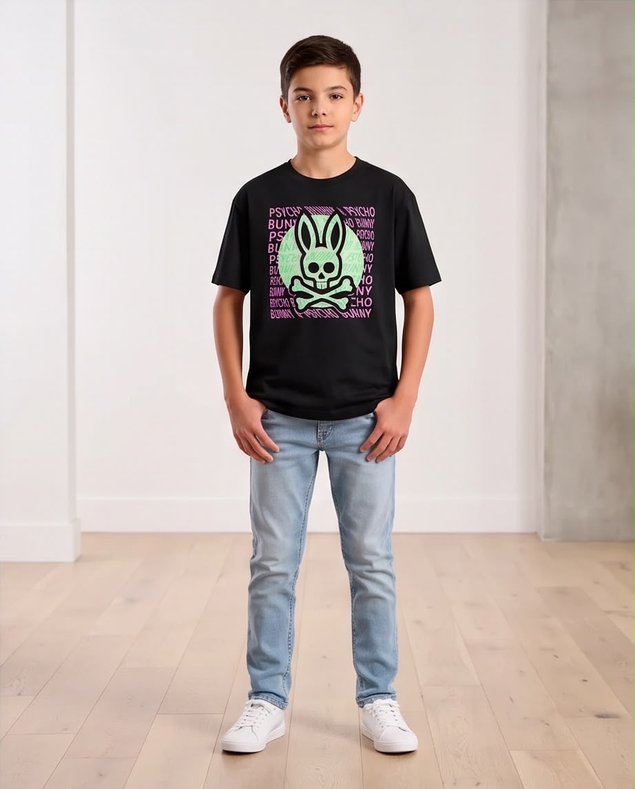 Camiseta Niño Psycho Bunny Calavera Verde Menta Letras Rosas Negra Semi Oversize