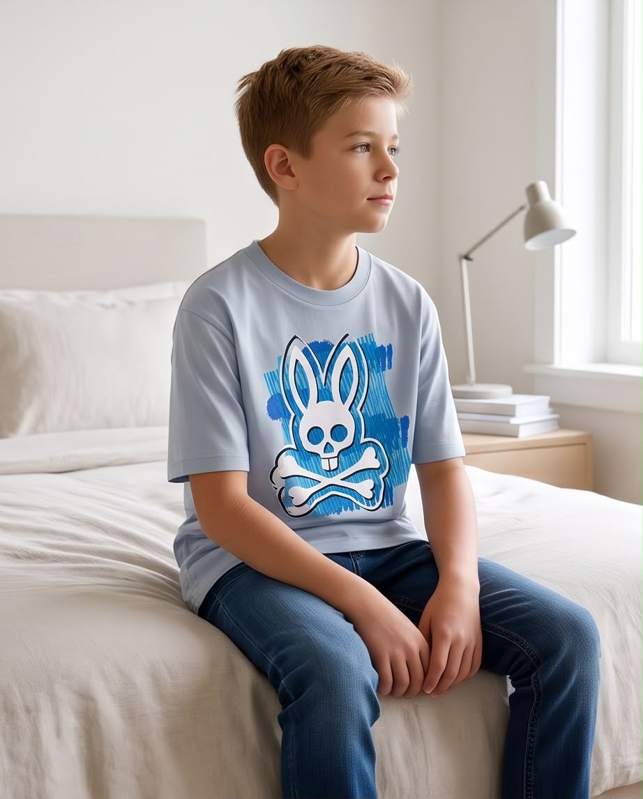Camiseta Niño Psycho Bunny Calavera Blanca Pinceladas Azules Azul Cielo Semi Oversize