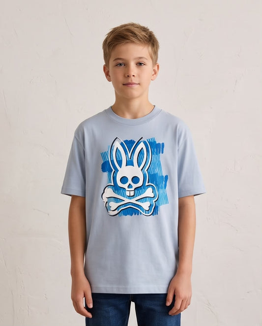 Camiseta Niño Psycho Bunny Calavera Blanca Pinceladas Azules Azul Cielo Semi Oversize