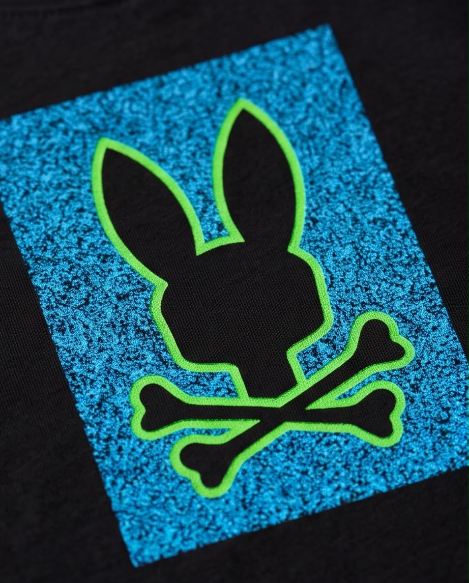 Camiseta Niño Psycho Bunny Contorno Verde Recuadro Azul Negra Semi Oversize
