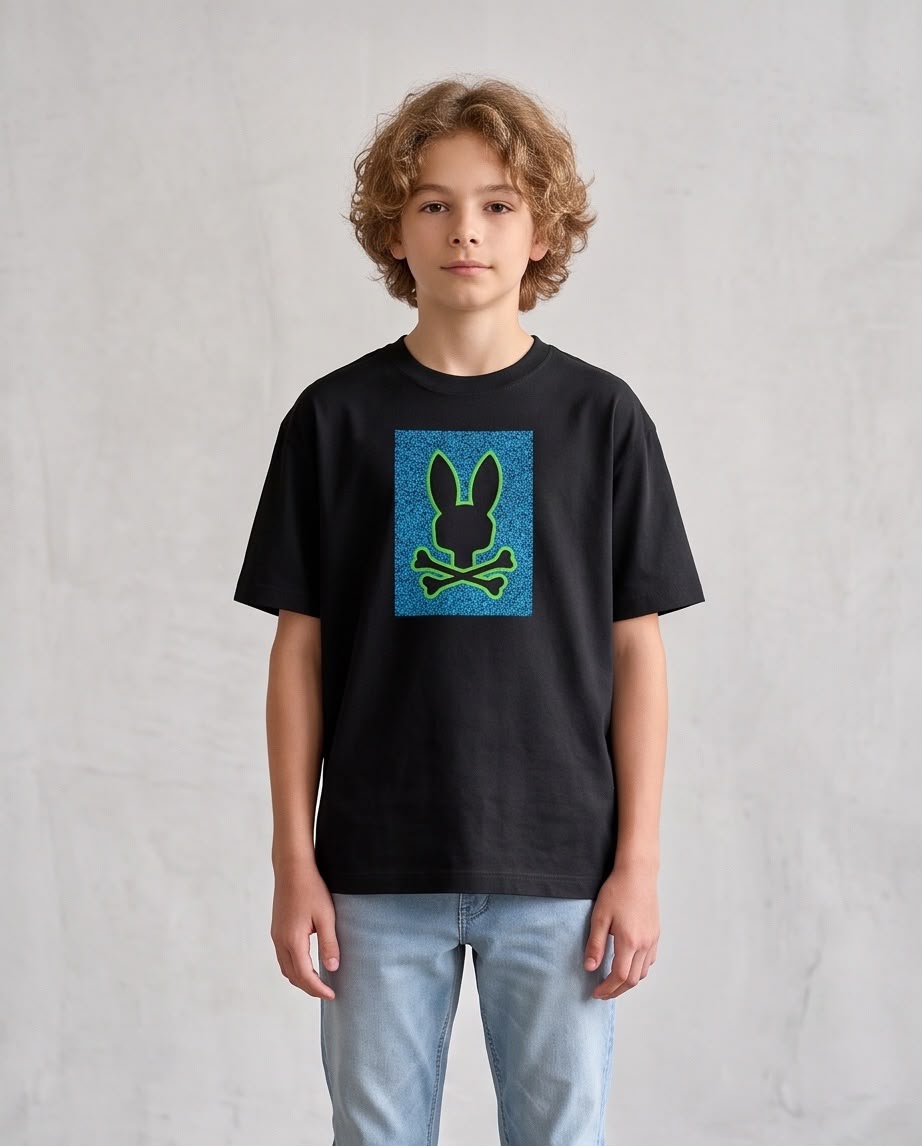 Camiseta Niño Psycho Bunny Contorno Verde Recuadro Azul Negra Semi Oversize