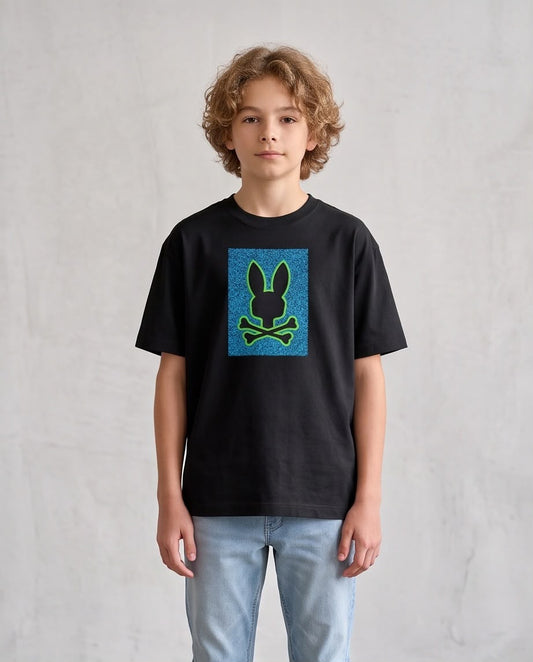Camiseta Niño Psycho Bunny Contorno Verde Recuadro Azul Negra Semi Oversize