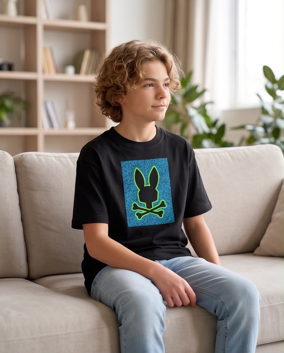 Camiseta Niño Psycho Bunny Contorno Verde Recuadro Azul Negra Semi Oversize