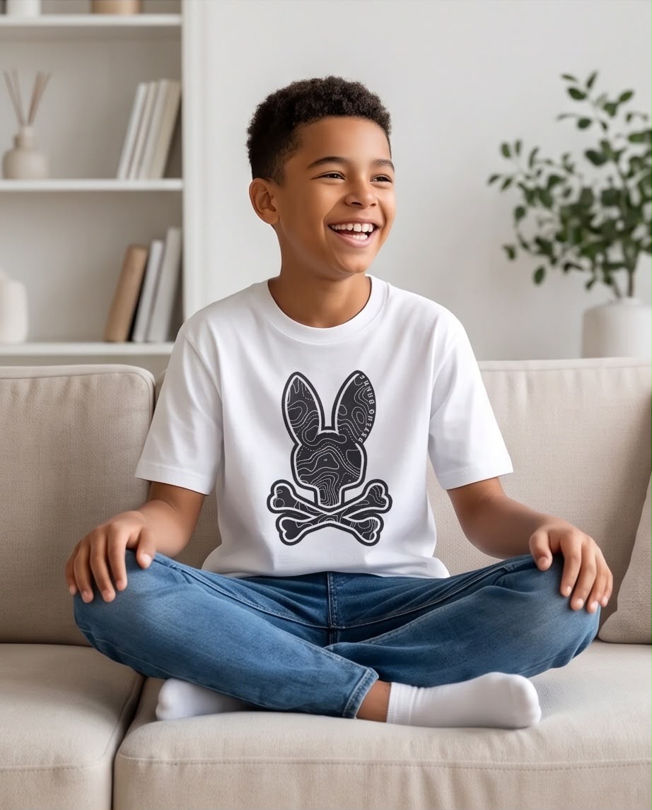 Camiseta Niño Psycho Bunny Conejo Negro Topográfico Blanca Semi Oversize