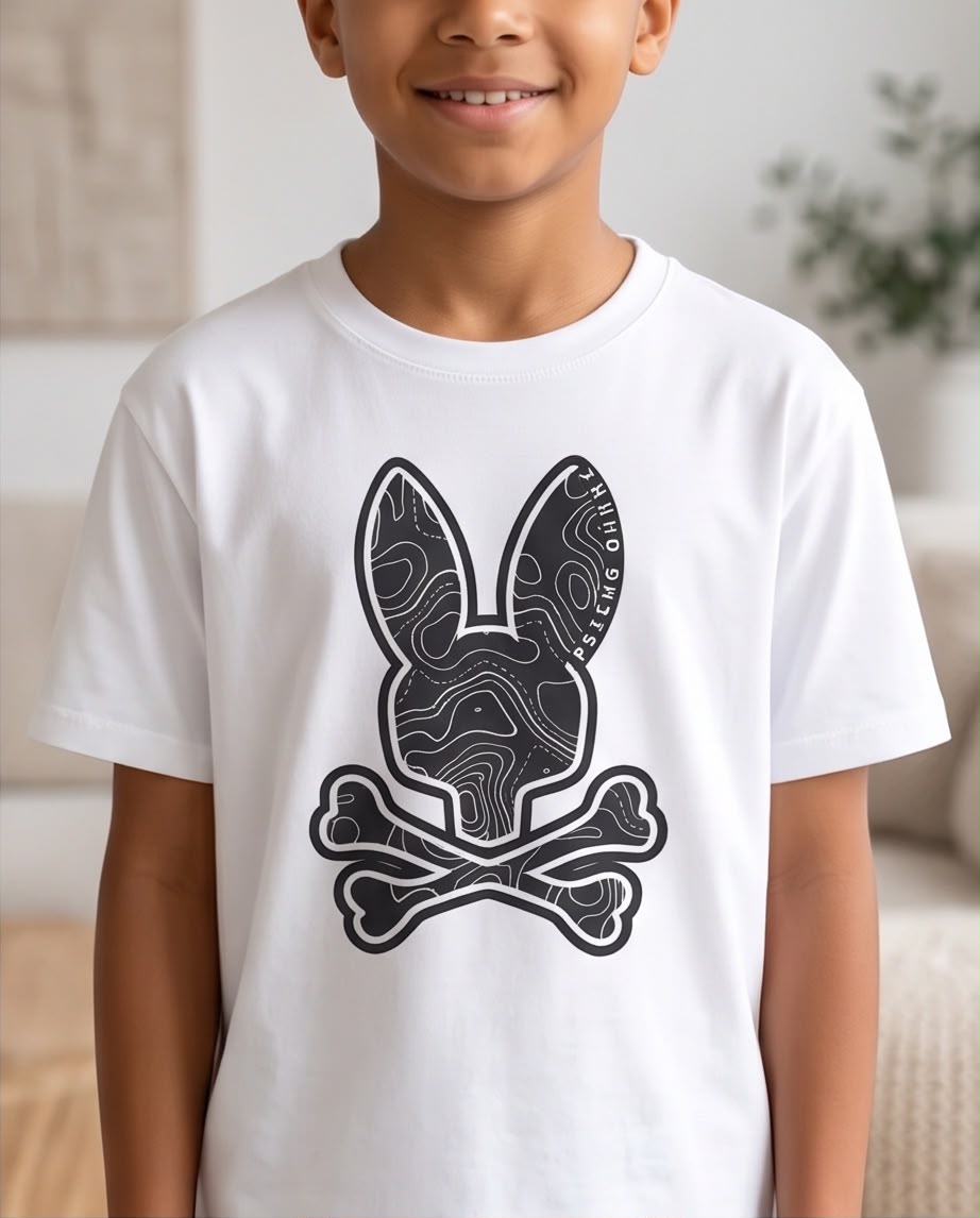 Camiseta Niño Psycho Bunny Conejo Negro Topográfico Blanca Semi Oversize
