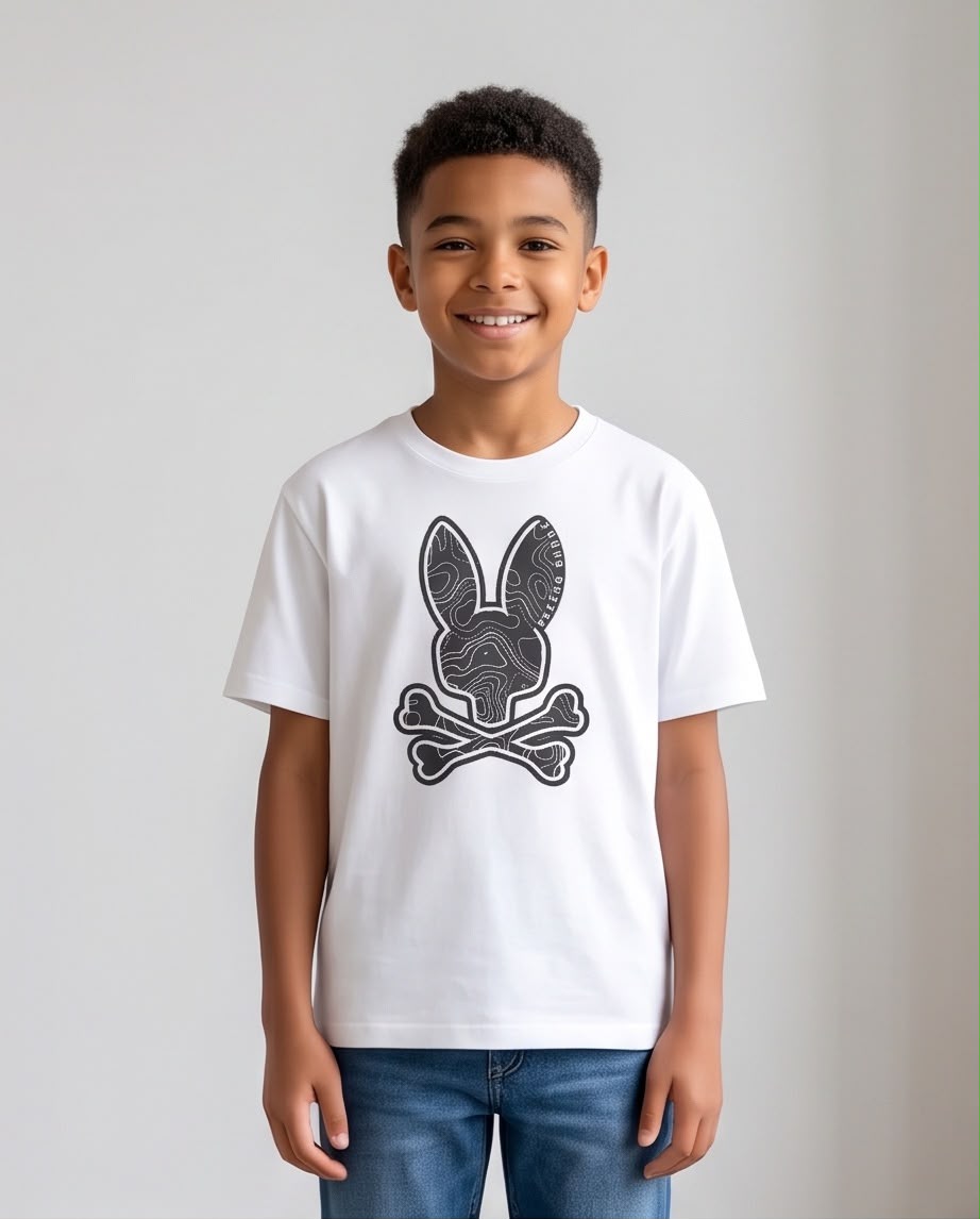 Camiseta Niño Psycho Bunny Conejo Negro Topográfico Blanca Semi Oversize