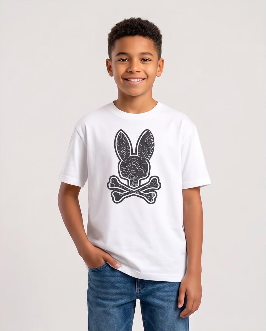 Camiseta Niño Psycho Bunny Conejo Negro Topográfico Blanca Semi Oversize