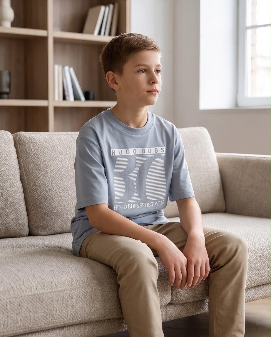Camiseta Niño HUGO BOSS Sport Wear Líneas Blancas Azul Cielo Semi Oversize