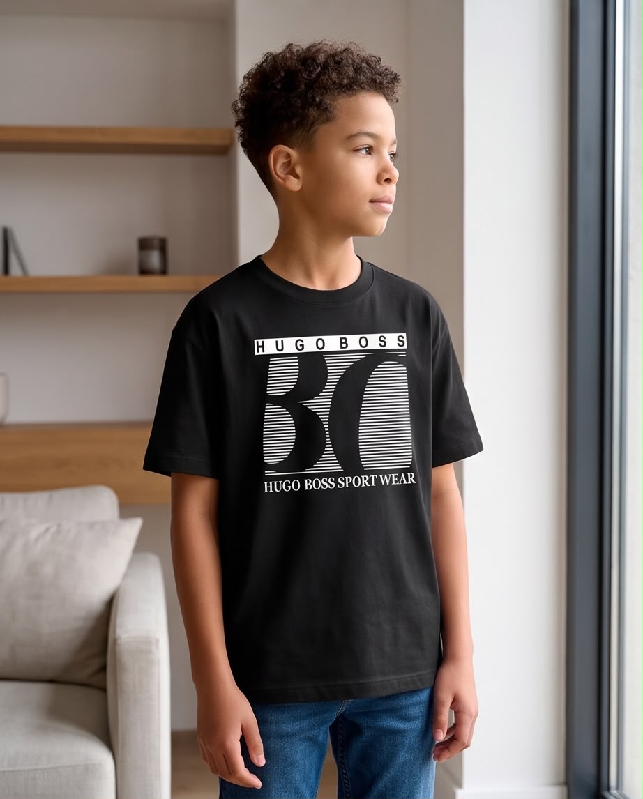 Camiseta Niño HUGO BOSS Sport Wear Líneas Blancas Negra Semi Oversize