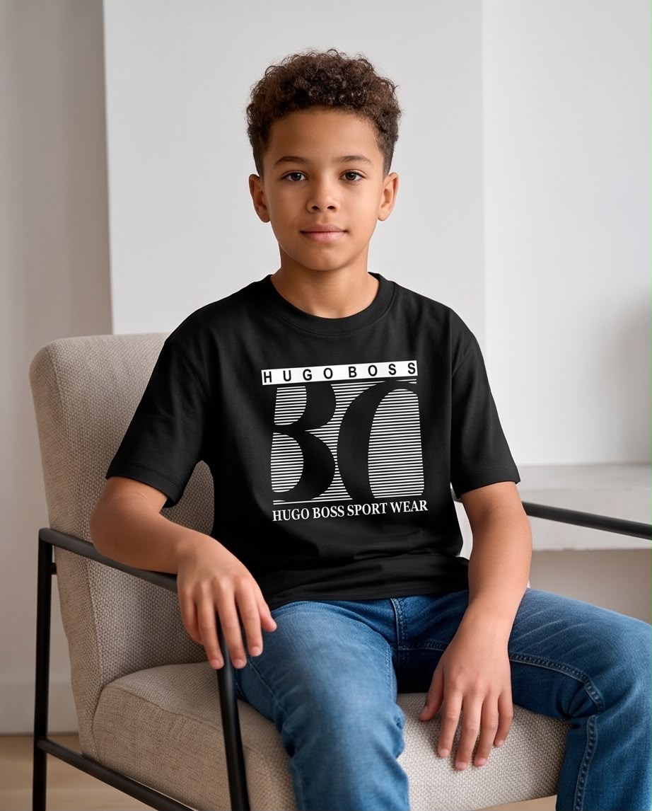 Camiseta Niño HUGO BOSS Sport Wear Líneas Blancas Negra Semi Oversize