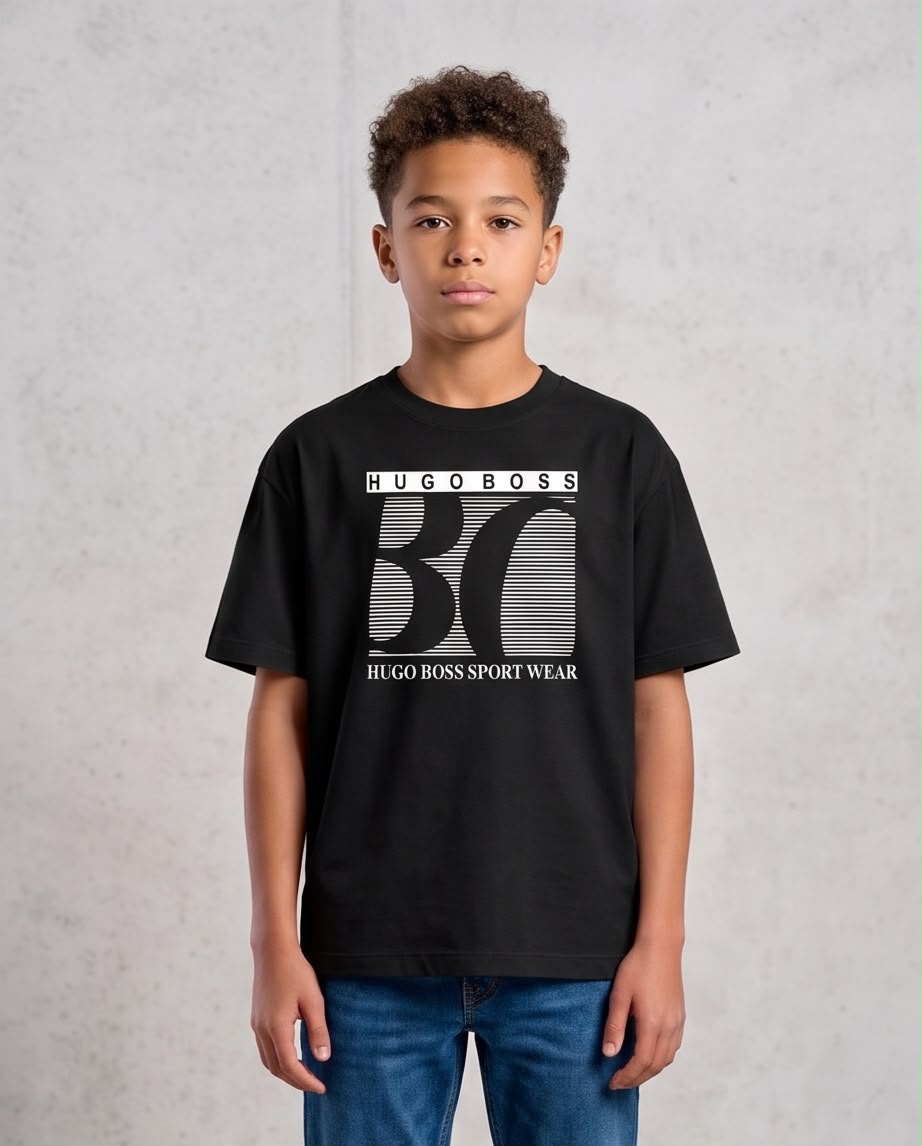 Camiseta Niño HUGO BOSS Sport Wear Líneas Blancas Negra Semi Oversize