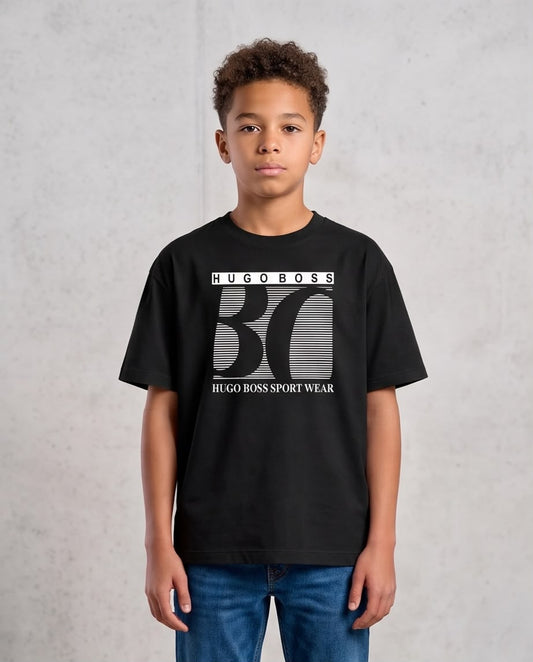 Camiseta Niño HUGO BOSS Sport Wear Líneas Blancas Negra Semi Oversize