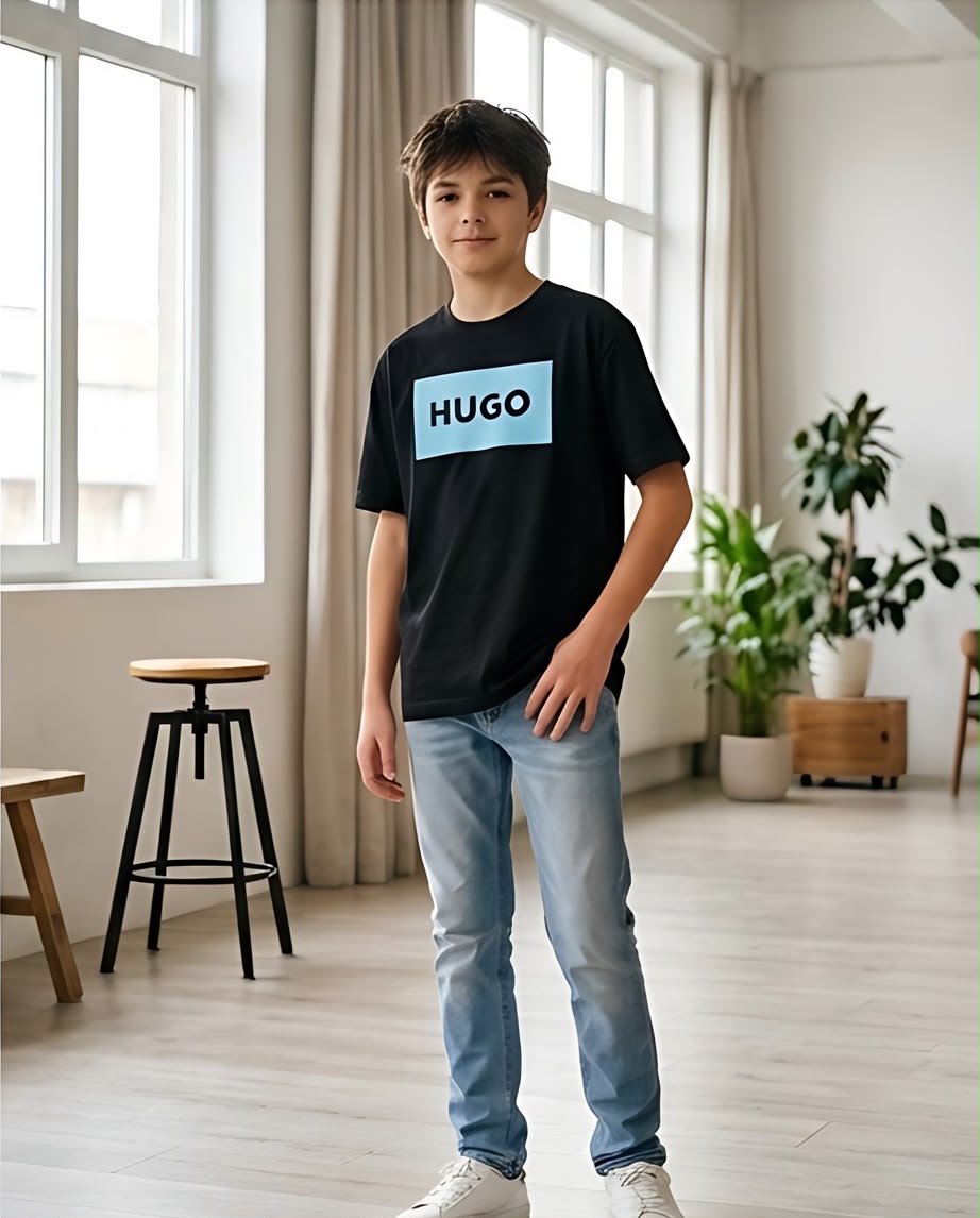 Camiseta Niño HUGO Letras Negras Recuadro Celeste Negra Semi Oversize