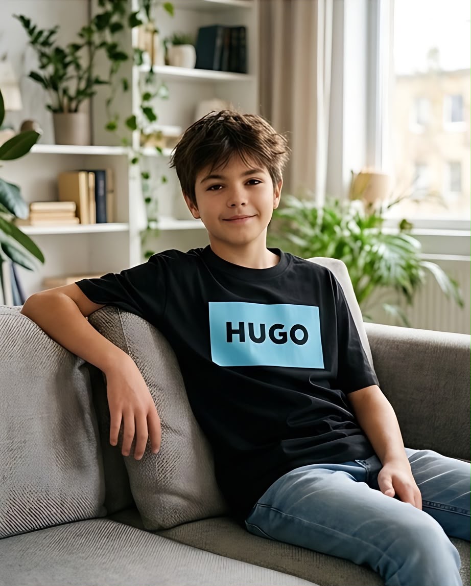 Camiseta Niño HUGO Letras Negras Recuadro Celeste Negra Semi Oversize