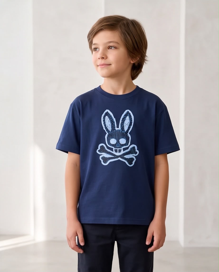 Camiseta Niño Psycho Bunny Calavera Efecto Boceto Azulnavy Semi Oversize