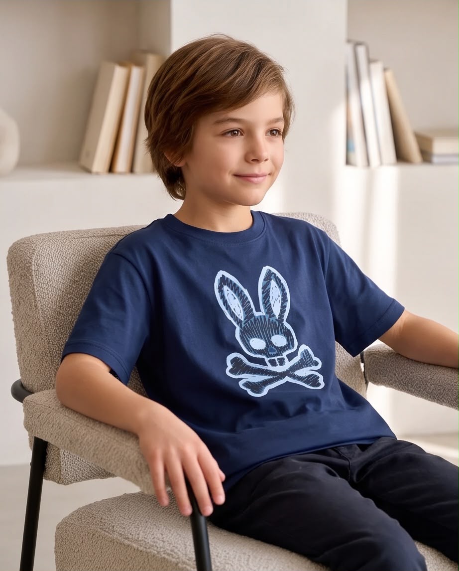 Camiseta Niño Psycho Bunny Calavera Efecto Boceto Azulnavy Semi Oversize