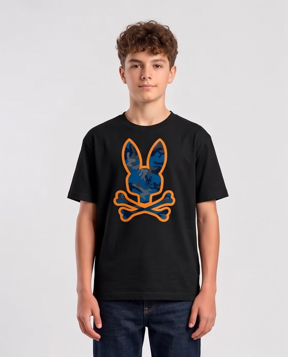 Camiseta Niño Psycho Bunny Camuflado Azul Contorno Naranja Negra Semi Oversize