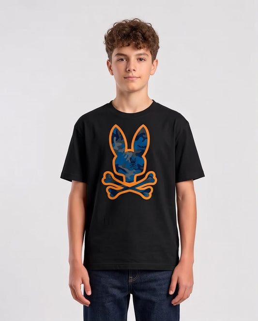 Camiseta Niño Psycho Bunny Camuflado Azul Contorno Naranja Negra Semi Oversize