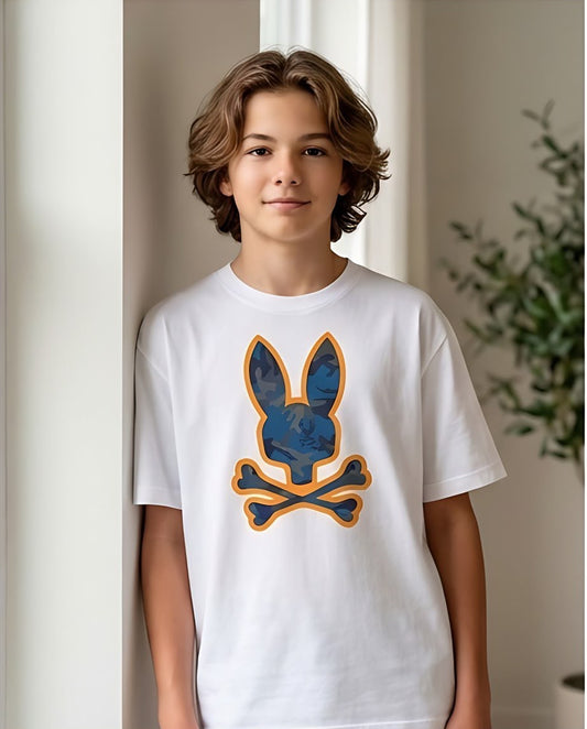 Camiseta Niño Psycho Bunny Camuflado Azul Contorno Naranja Blanca Semi Oversize