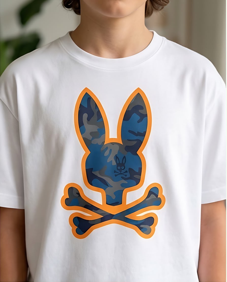 Camiseta Niño Psycho Bunny Camuflado Azul Contorno Naranja Blanca Semi Oversize