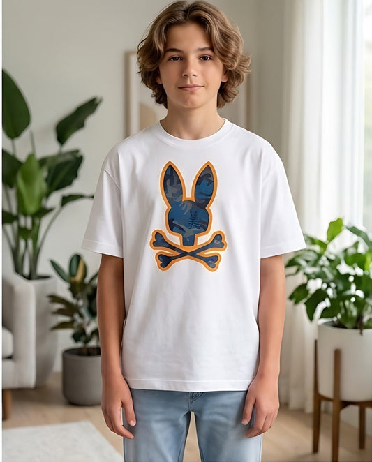 Camiseta Niño Psycho Bunny Camuflado Azul Contorno Naranja Blanca Semi Oversize