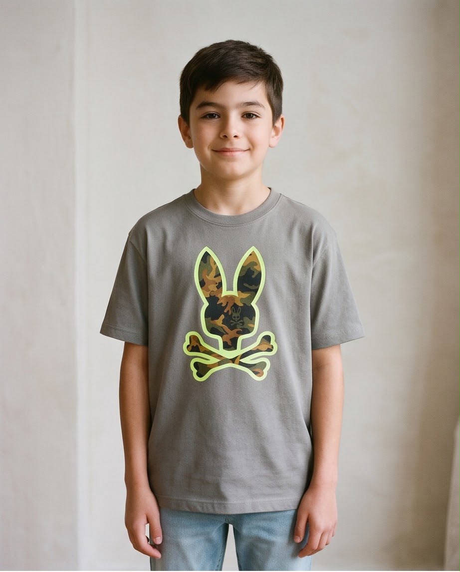 Camiseta Niño Psycho Bunny Camuflado Contorno Verde Lima Verde Cromo Semi Oversize