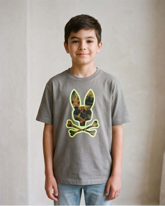 Camiseta Niño Psycho Bunny Camuflado Contorno Verde Lima Verde Cromo Semi Oversize