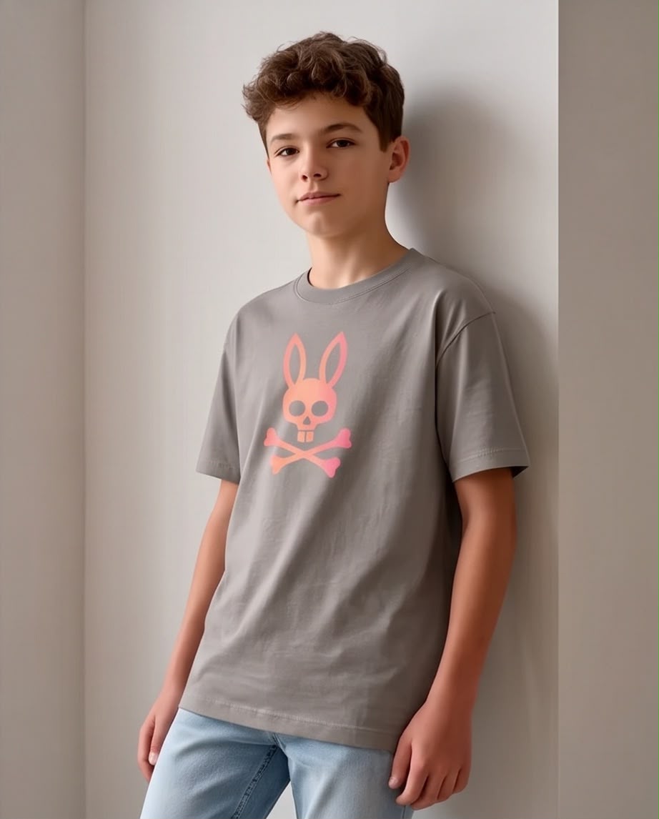 Camiseta Niño Psycho Bunny Calavera Rosa Coral Verde Cromo Semi Oversize