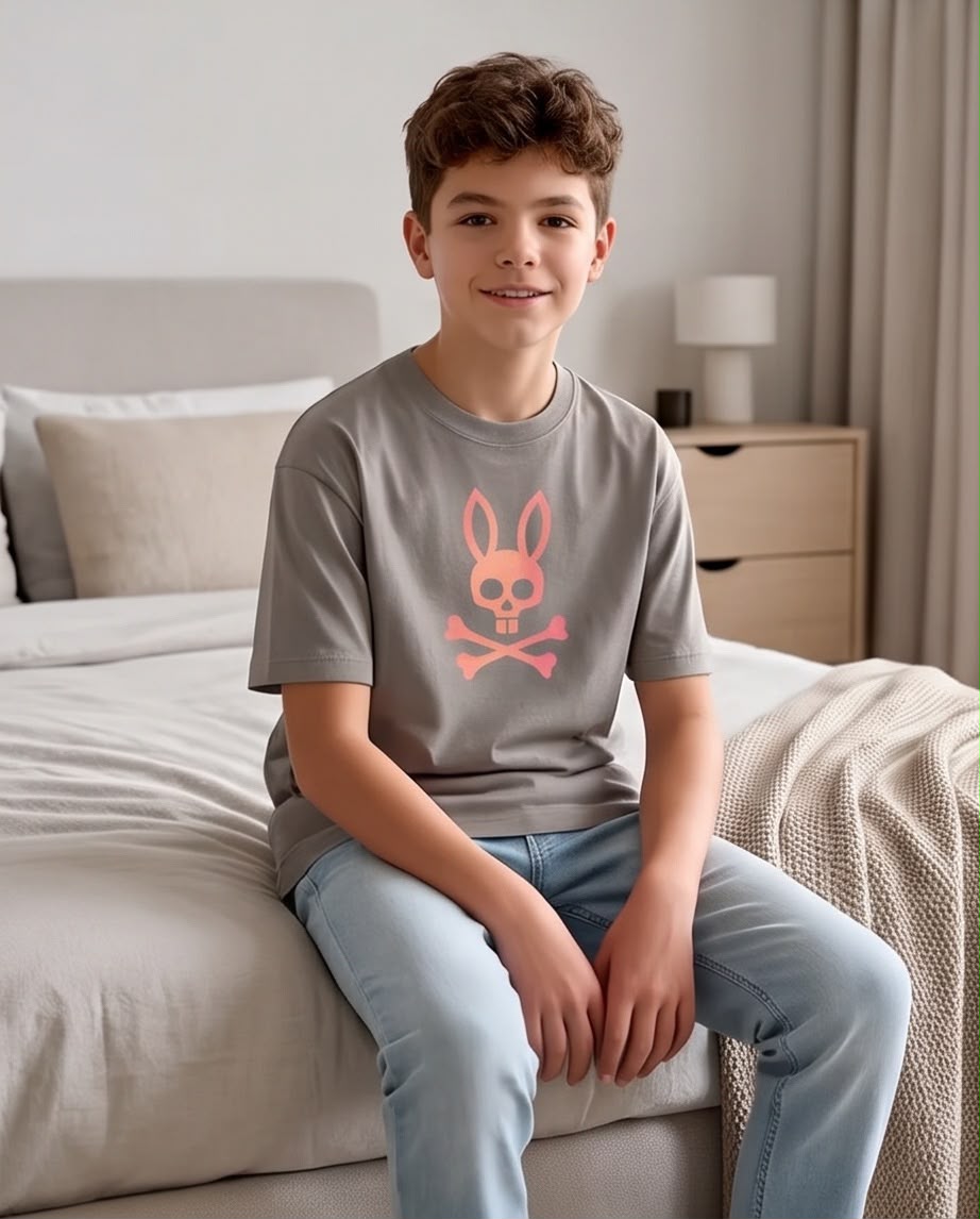 Camiseta Niño Psycho Bunny Calavera Rosa Coral Verde Cromo Semi Oversize