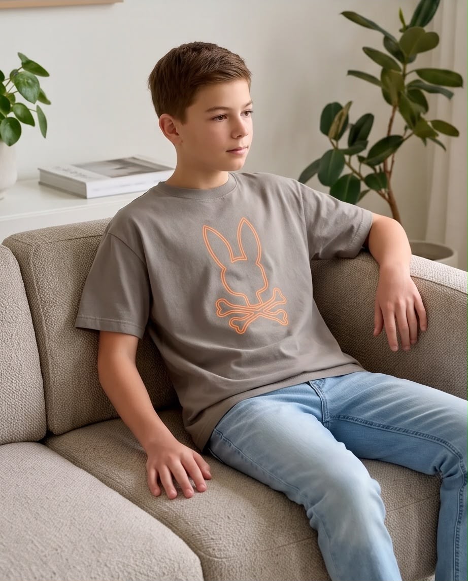 Camiseta Niño Psycho Bunny Doble Contorno Naranja Verde Cromo Semi Oversize