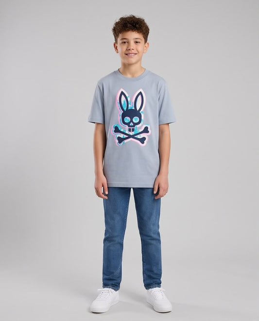 Camiseta Niño Psycho Bunny Calavera Hojas Turquesa Contorno Rosa Azul Cielo Semi Oversize
