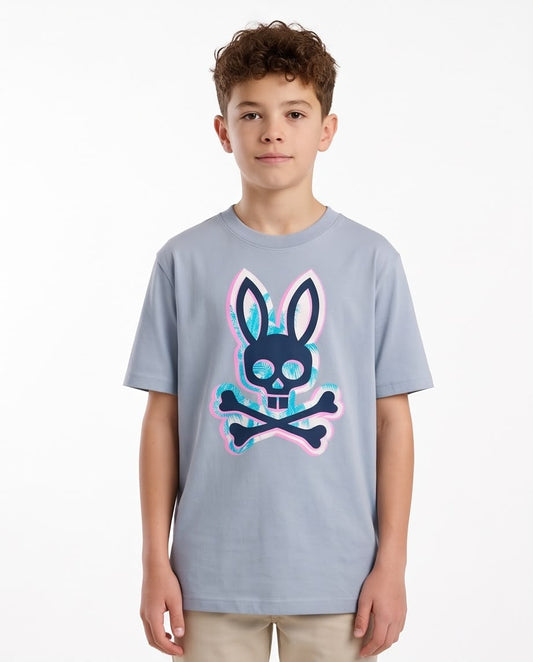 Camiseta Niño Psycho Bunny Calavera Hojas Turquesa Contorno Rosa Azul Cielo Semi Oversize