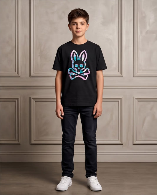 Camiseta Niño Psycho Bunny Calavera Hojas Turquesa Contorno Rosa Negra Semi Oversize