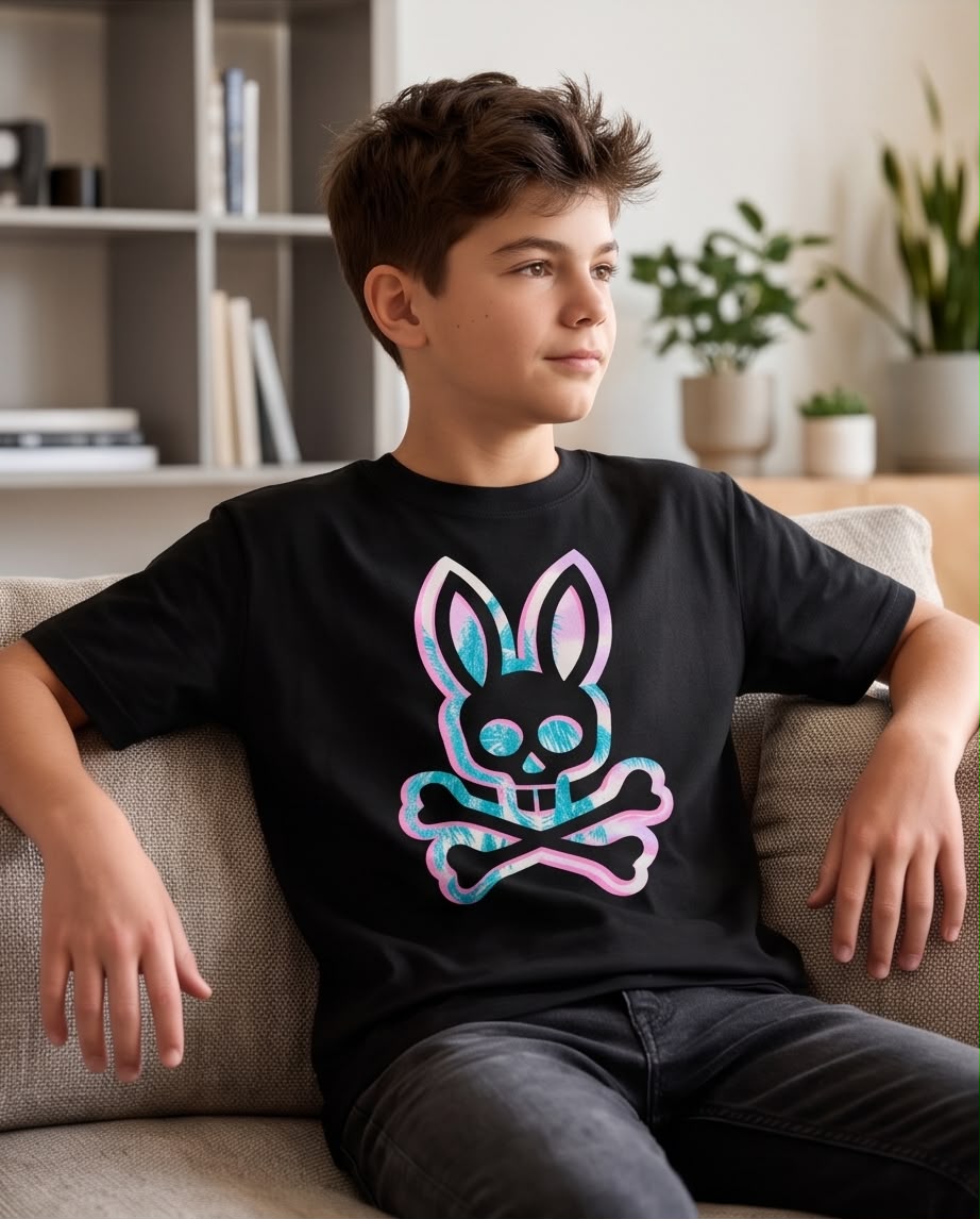 Camiseta Niño Psycho Bunny Calavera Hojas Turquesa Contorno Rosa Negra Semi Oversize