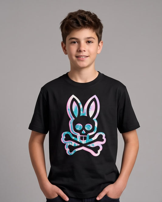 Camiseta Niño Psycho Bunny Calavera Hojas Turquesa Contorno Rosa Negra Semi Oversize
