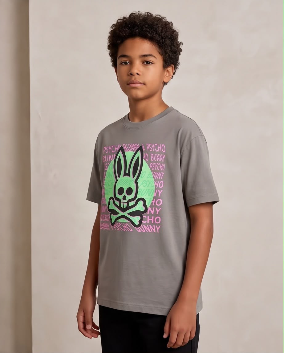 Camiseta Niño Psycho Bunny Calavera Verde Menta Letras Rosas Verde Cromo Semi Oversize