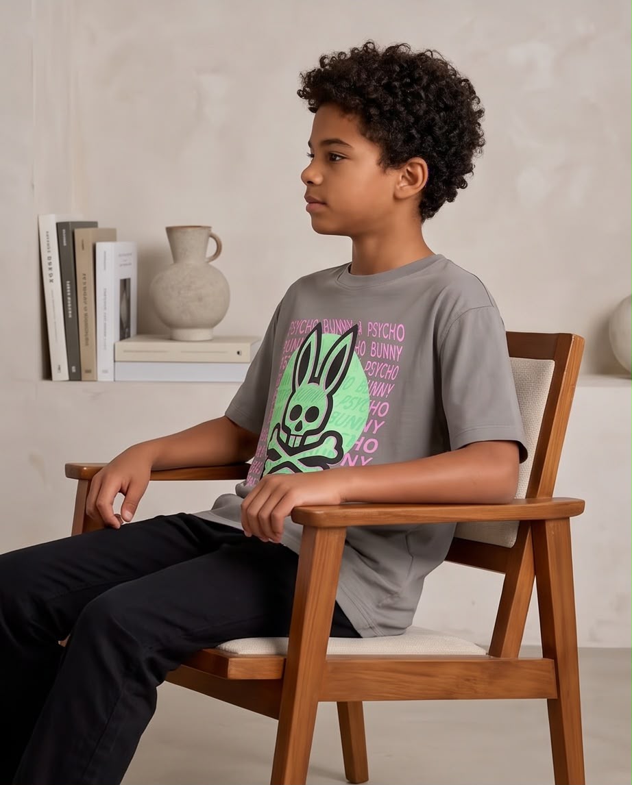 Camiseta Niño Psycho Bunny Calavera Verde Menta Letras Rosas Verde Cromo Semi Oversize