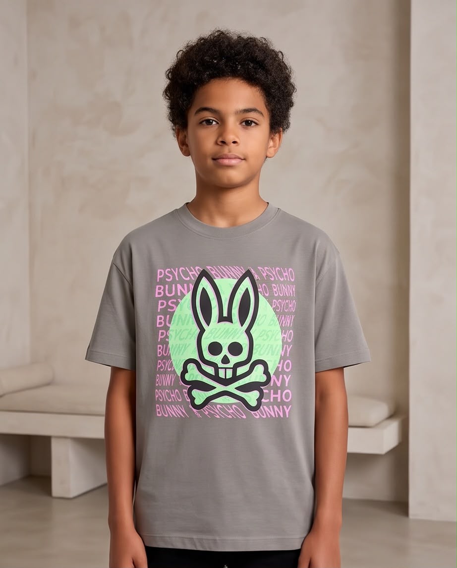 Camiseta Niño Psycho Bunny Calavera Verde Menta Letras Rosas Verde Cromo Semi Oversize