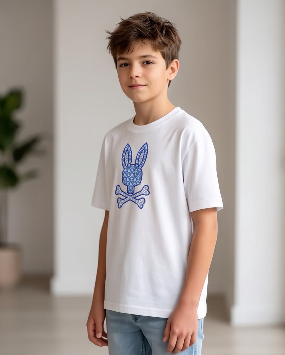 Camiseta Niño Psycho Bunny Patrón Ornamental Azul Blanca Semi Oversize