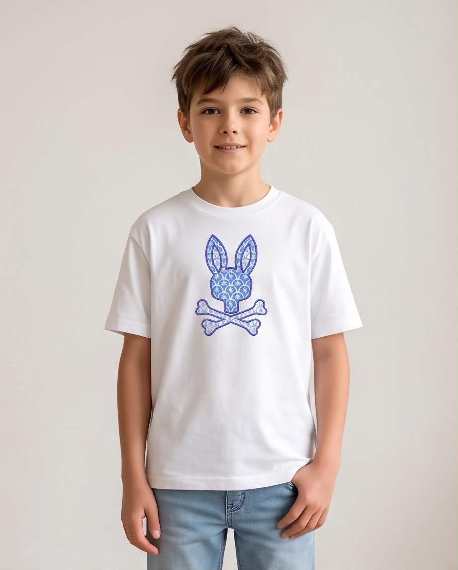 Camiseta Niño Psycho Bunny Patrón Ornamental Azul Blanca Semi Oversize