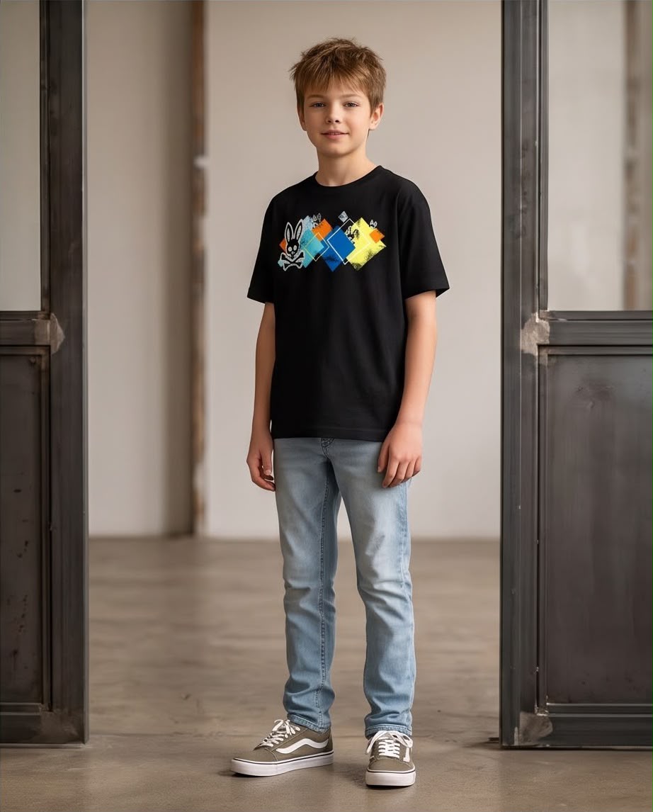Camiseta Niño Psycho Bunny Rombos Multicolor Negra Semi Oversize