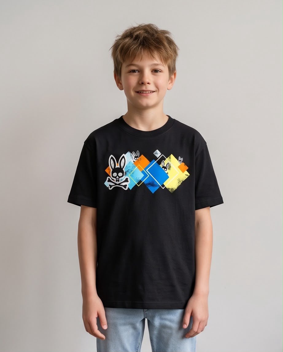 Camiseta Niño Psycho Bunny Rombos Multicolor Negra Semi Oversize