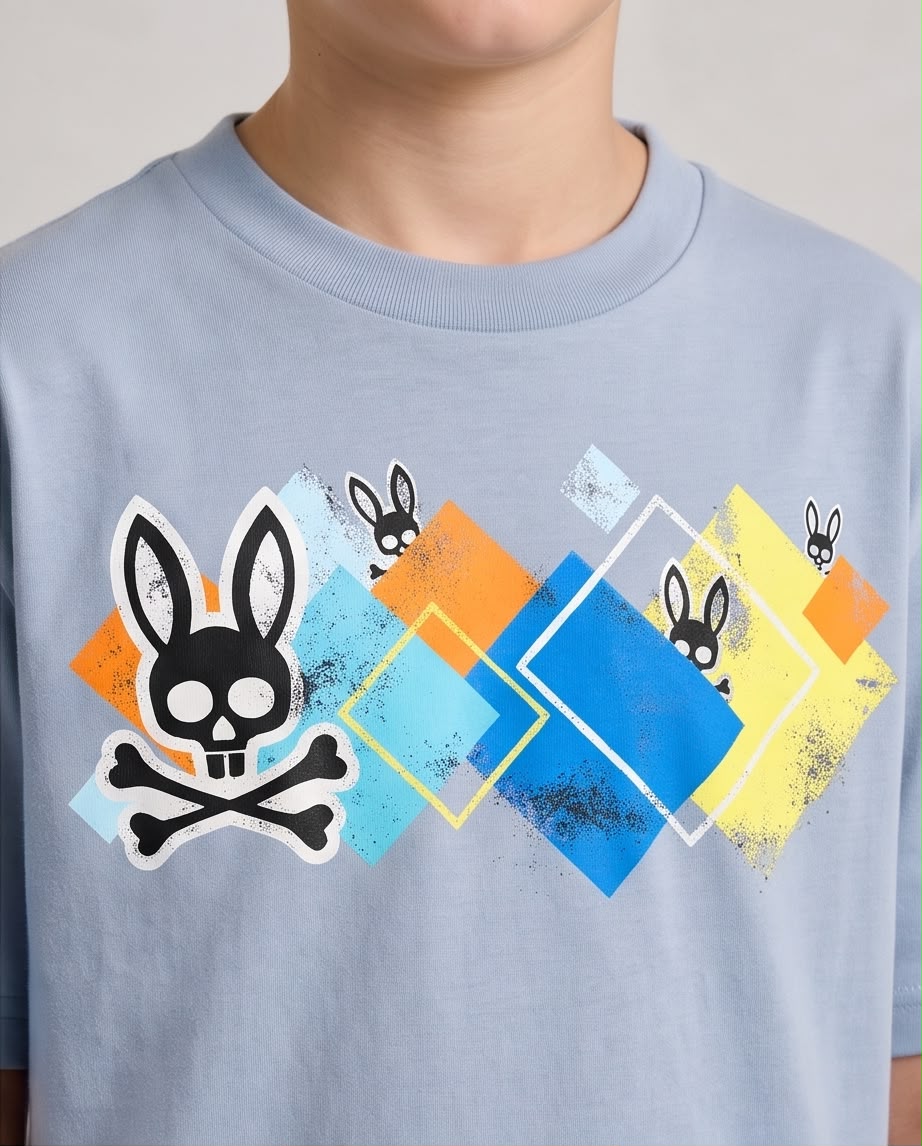 Camiseta Niño Psycho Bunny Calaveras y Rombos Multicolor Azul Cielo Semi Oversize