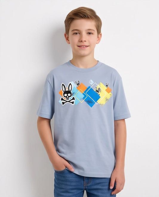 Camiseta Niño Psycho Bunny Calaveras y Rombos Multicolor Azul Cielo Semi Oversize